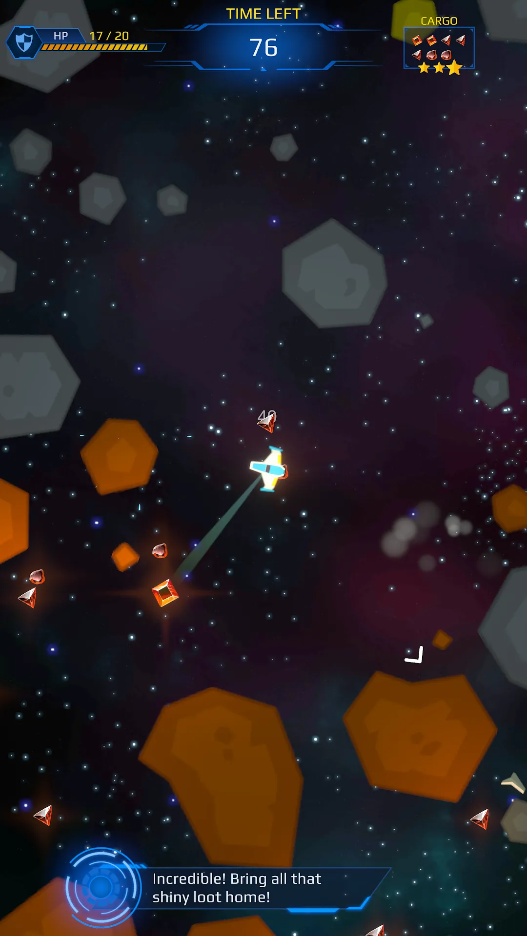 The player's ship hauling in scattered gems among amber asteroids.