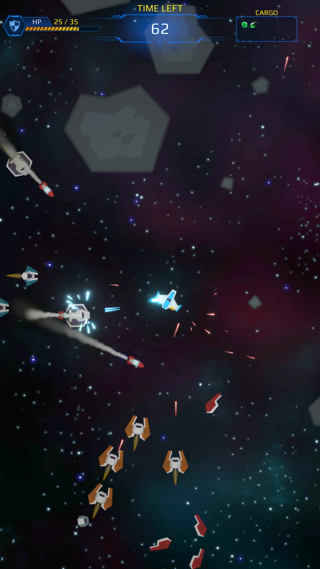 A squadron of enemy ships closing in while the player's ship fires energy bolts.