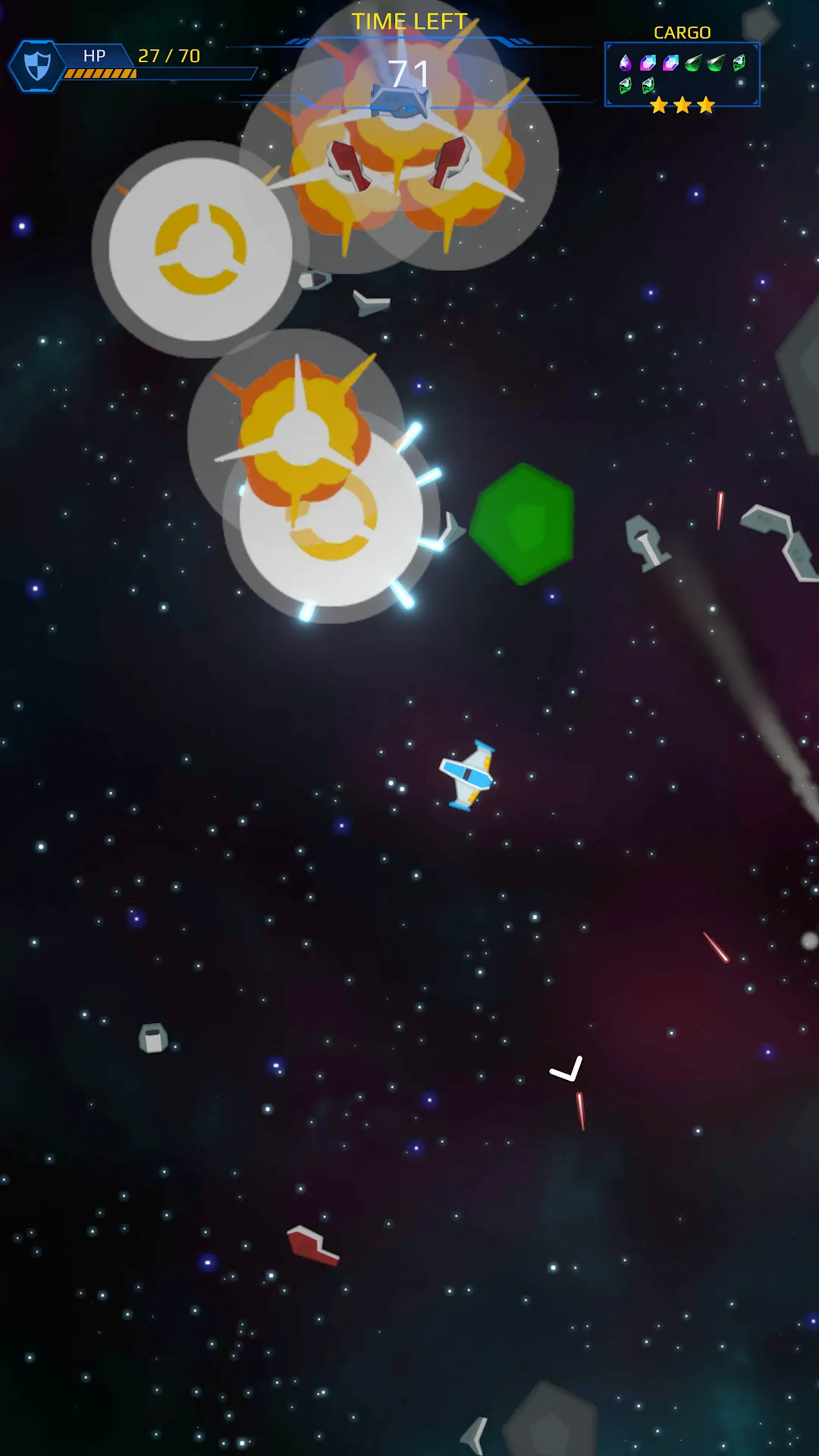 Energy bolts detonating a cluster of enemy ships beside a green gemstone.