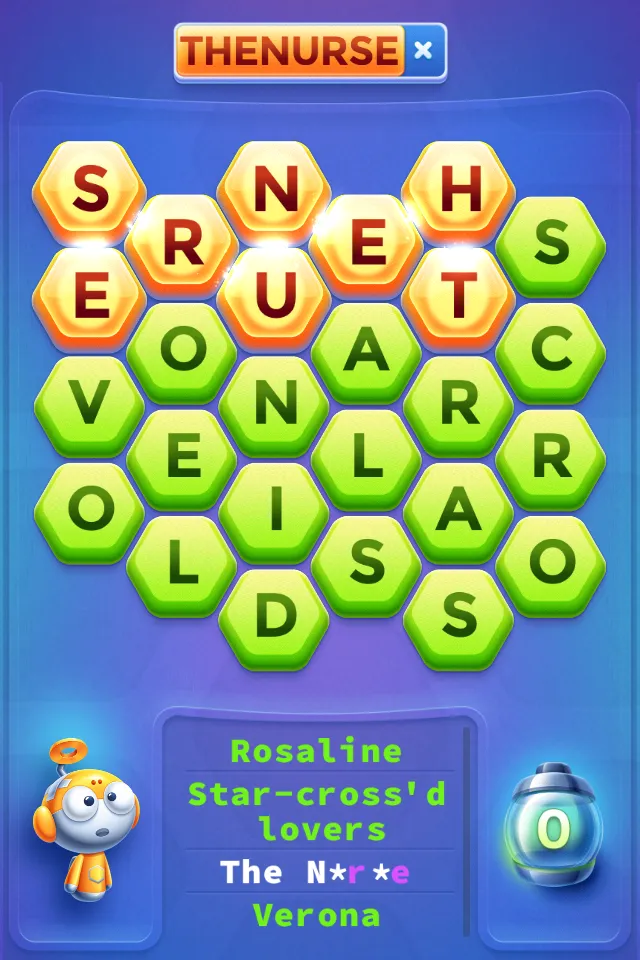 A Lost for Words puzzle in progress, with letter tiles, clues, and Chip the Robot.