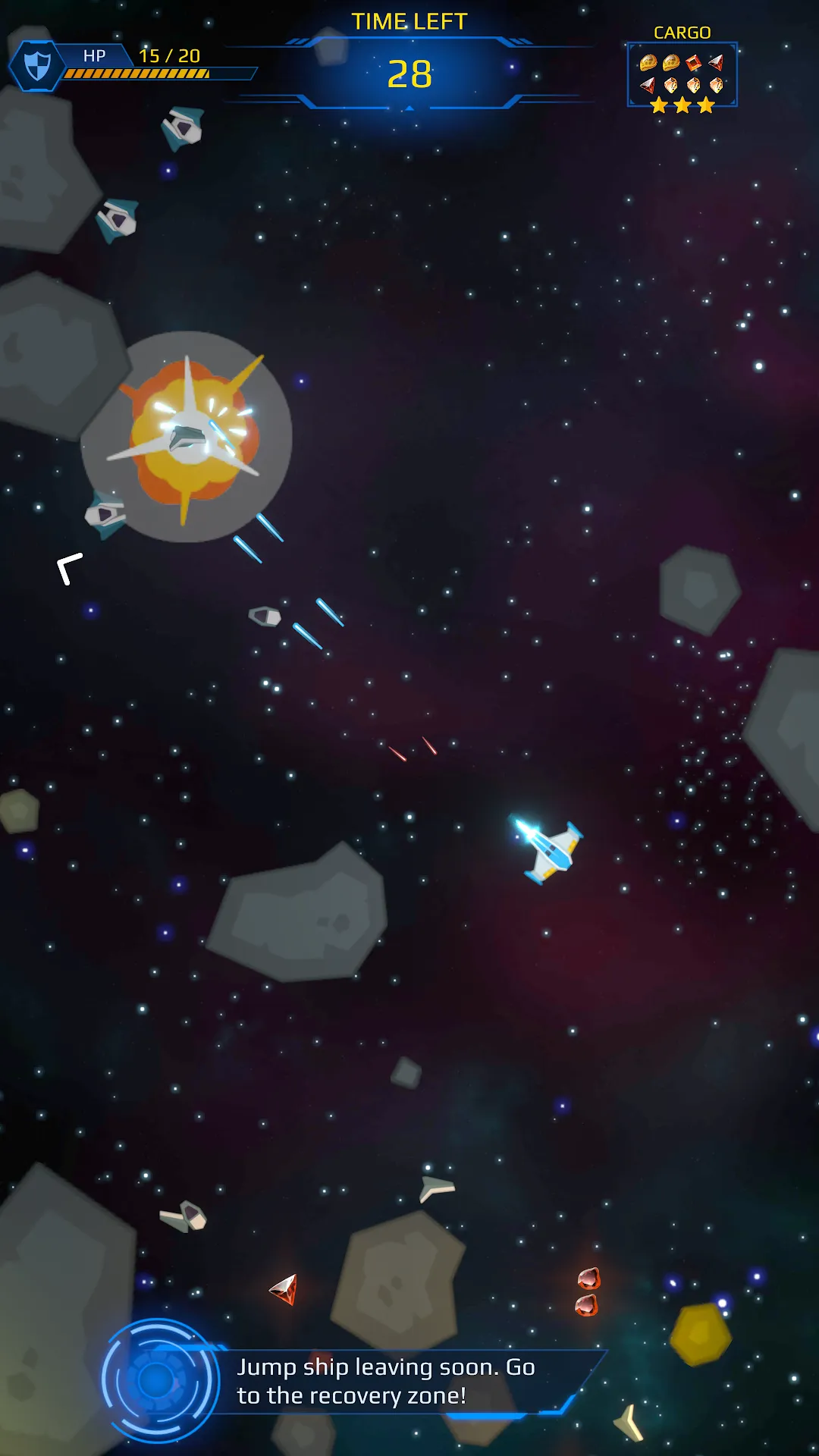 An enemy ship exploding overhead as the jump ship calls the player back to the recovery zone.